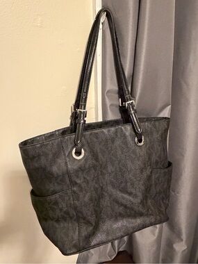 Michael Kors Black Logo-Print Tote with Silver Hardware